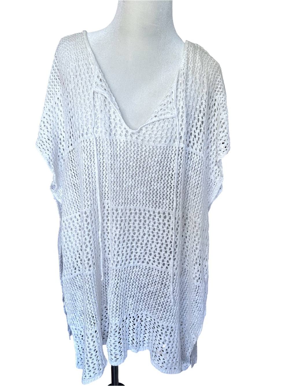 VENUS Ivory Crochet Open Knit V-Neck Swim Cover-Up Tunic OS - Picture 2 of 5